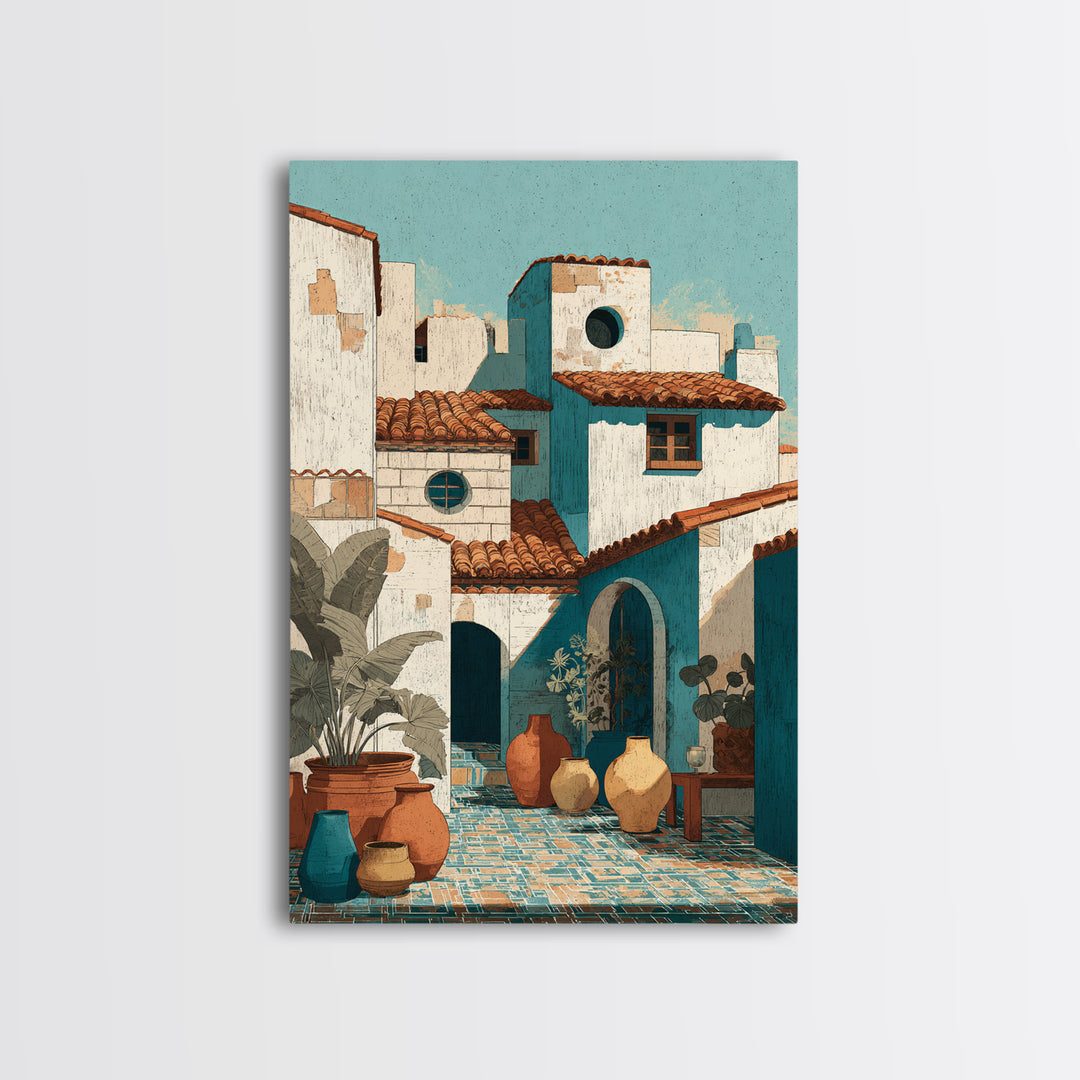 Terracotta Rooftops Against Pale Sky Framed Canvas Print, Italian Villa Art, Digital Wall Art, Living Room Decor, IVA-2x3-36