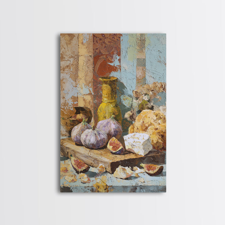 Figs and Cheese on Rustic Wooden Board Framed Canvas Print, Italian Villa Art, Modern Decor, Living Room Decor, Abstract Art, IVA-2x3-41