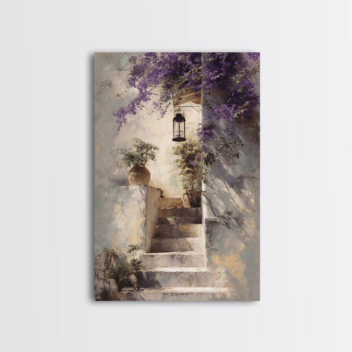Sunlit Stone Stairway Framed Canvas Print, Italian Villa Art, Gallery Wall Set, Living Room Decor, Villa, Modern Decor, IVA-2x3-43