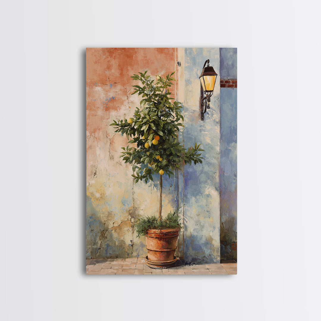 Orange Tree in a Courtyard Planter Framed Canvas Print, Italian Villa Art, Home Decor, Living Room Decor, Fine Art, Villa, IVA-2x3-46
