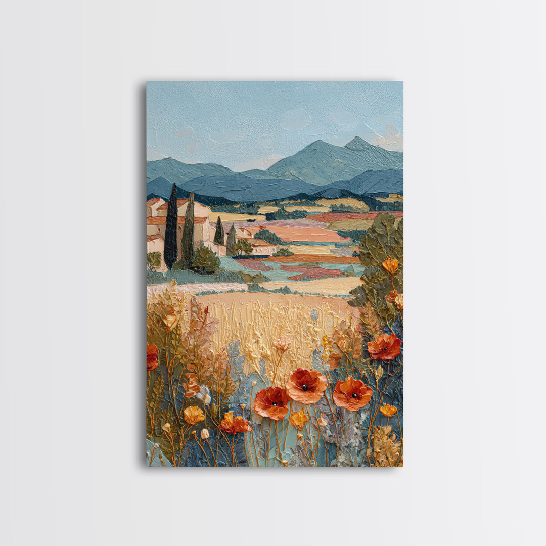 Tuscan Poppy Field Framed Canvas Print, Italian Villa Art, Travel Poster, Living Room Decor, Abstract Art, Villa, IVA-2x3-47