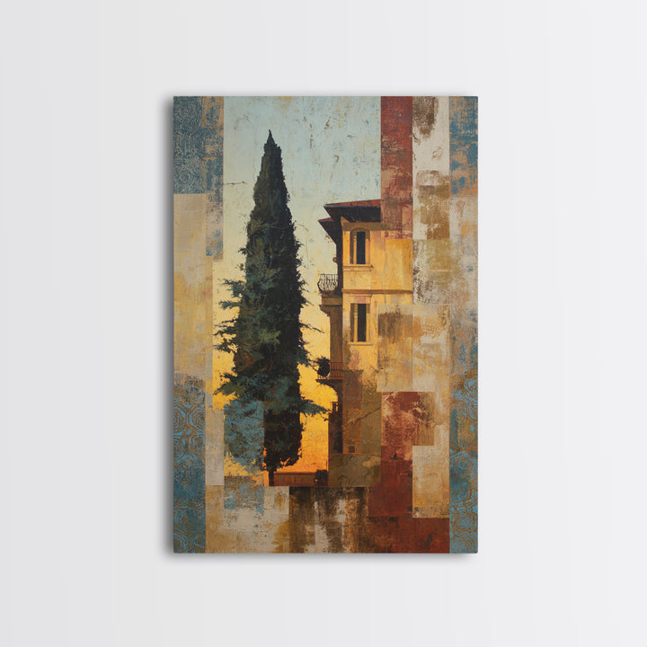 Cypress Silhouette at Sunset Framed Canvas Print, Italian Villa Art, Boho Decor, Living Room Decor, Oil Painting, Villa, IVA-2x3-53