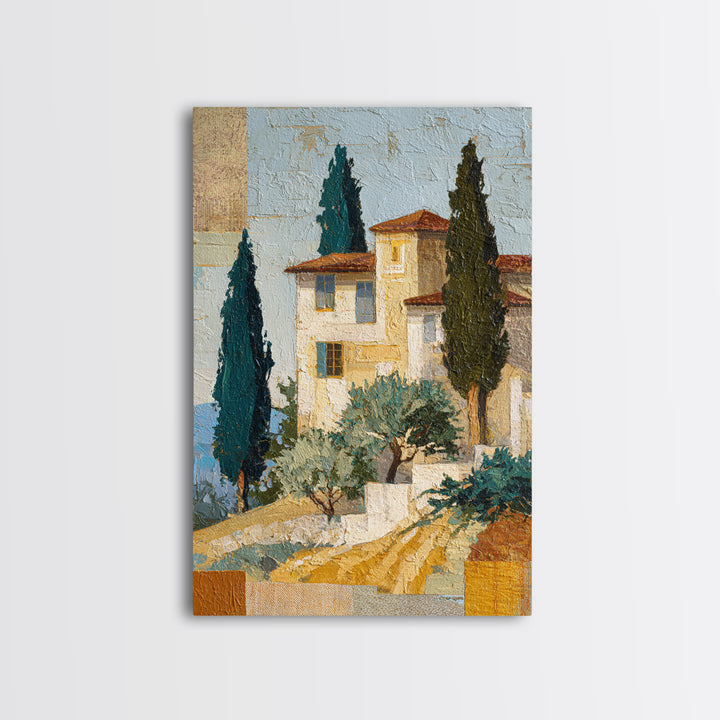 Tuscan Hillside with Cypress Trees and Golden Canvas Print, Italian Villa Art, Minimalist Decor, Living Room Decor, IVA-2x3-57