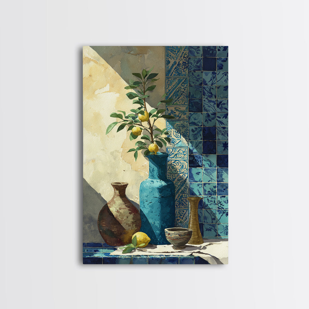 Lemon Branch in Blue Ceramic Vase Canvas Print, Italian Villa Art, Luxury Decor, Living Room Decor, Villa, Framed Wall Art, IVA-2x3-58