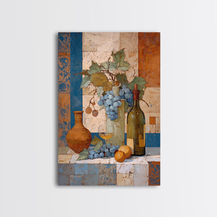 Grapevine and Wine Still Life on Linen Framed Canvas Print, Italian Villa Art, Digital Art Print, Living Room Decor, IVA-2x3-63