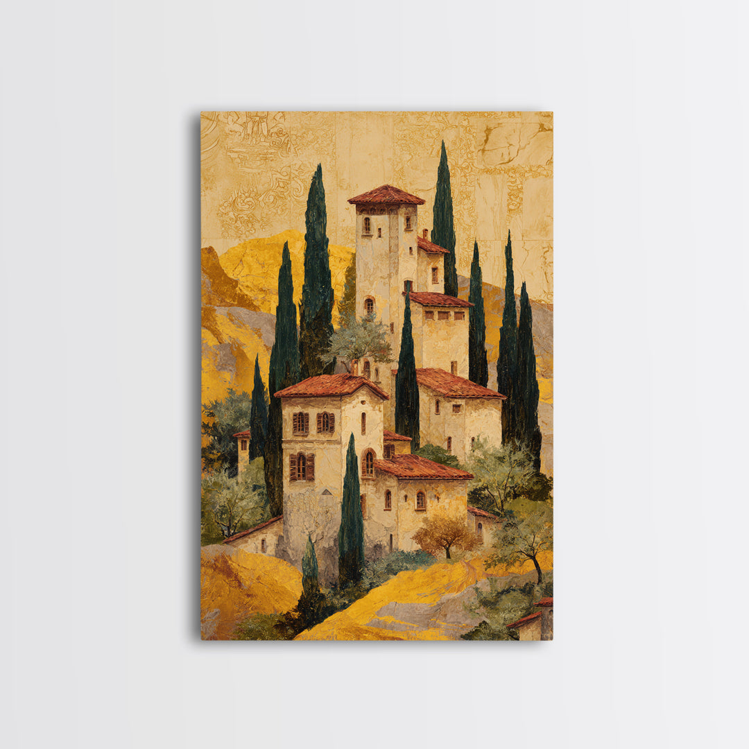 Tuscan Hillside with Cypress Trees and Golden Canvas Print, Italian Villa Art, Minimalist Decor, Living Room Decor, IVA-2x3-81