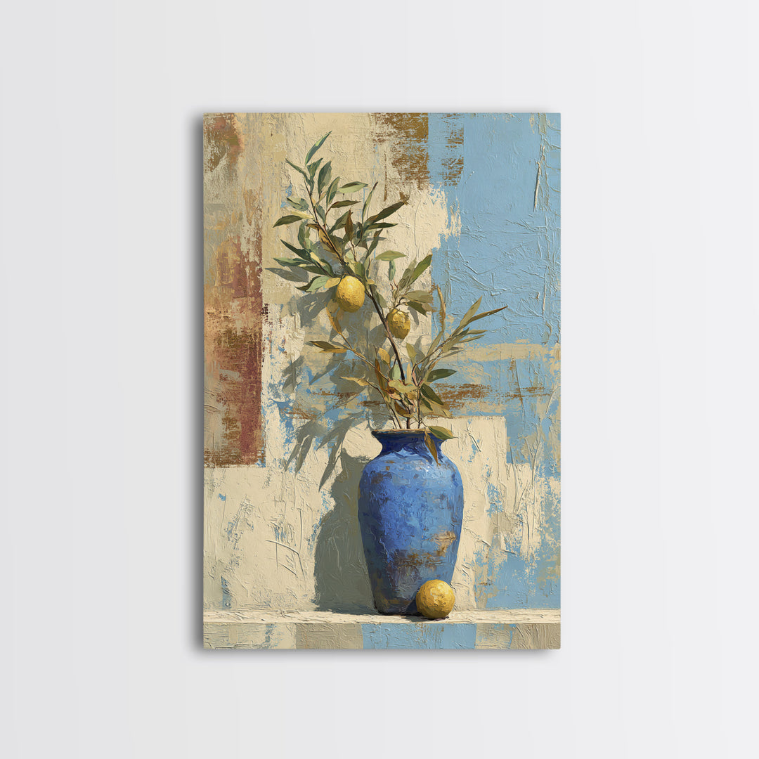 Lemon Branch in Blue Ceramic Vase Canvas Print, Italian Villa Art, Luxury Decor, Living Room Decor, Villa, Framed Wall Art, IVA-2x3-82