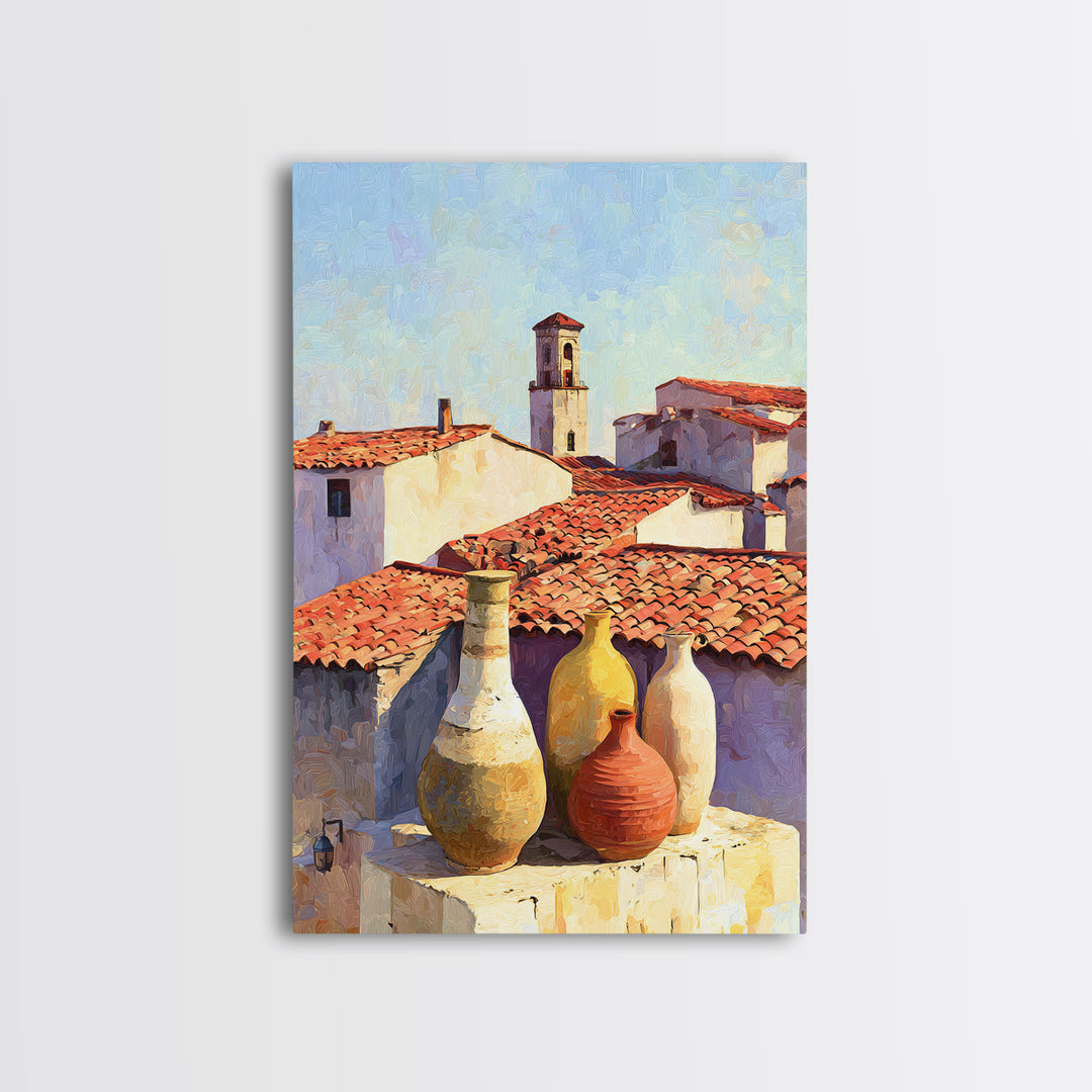 Terracotta Rooftops Against Pale Sky Framed Canvas Print, Italian Villa Art, Digital Wall Art, Living Room Decor, Villa, IVA-2x3-84