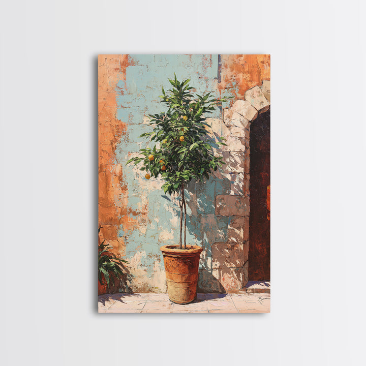 Orange Tree in a Courtyard Planter Framed Canvas Print, Italian Villa Art, Textured Painting, Living Room Decor, Villa, IVA-2x3-94