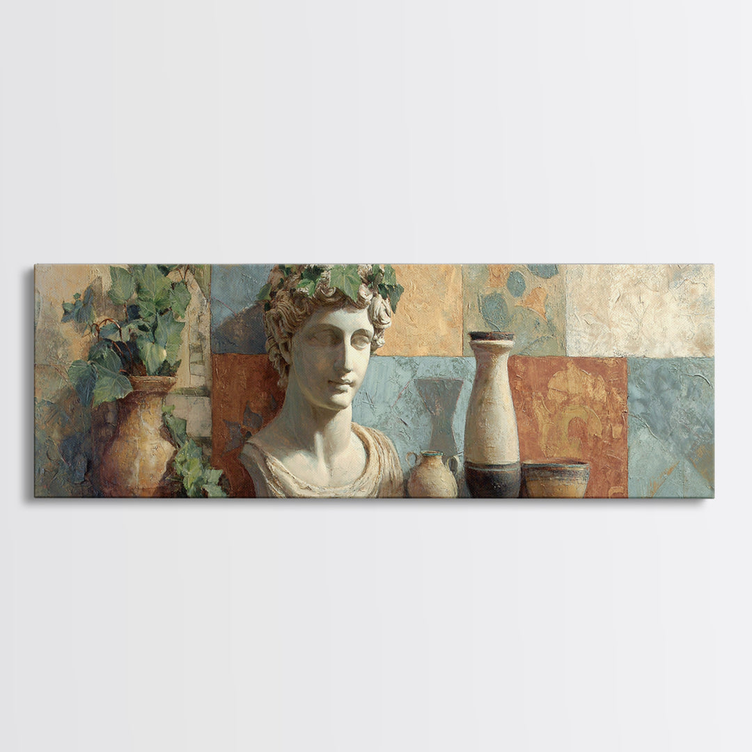 Classic Roman Statue Bust Canvas Print, Italian Villa Art, Landscape Art, Living Room Decor, Abstract Art, Villa, IVA-3x1-100