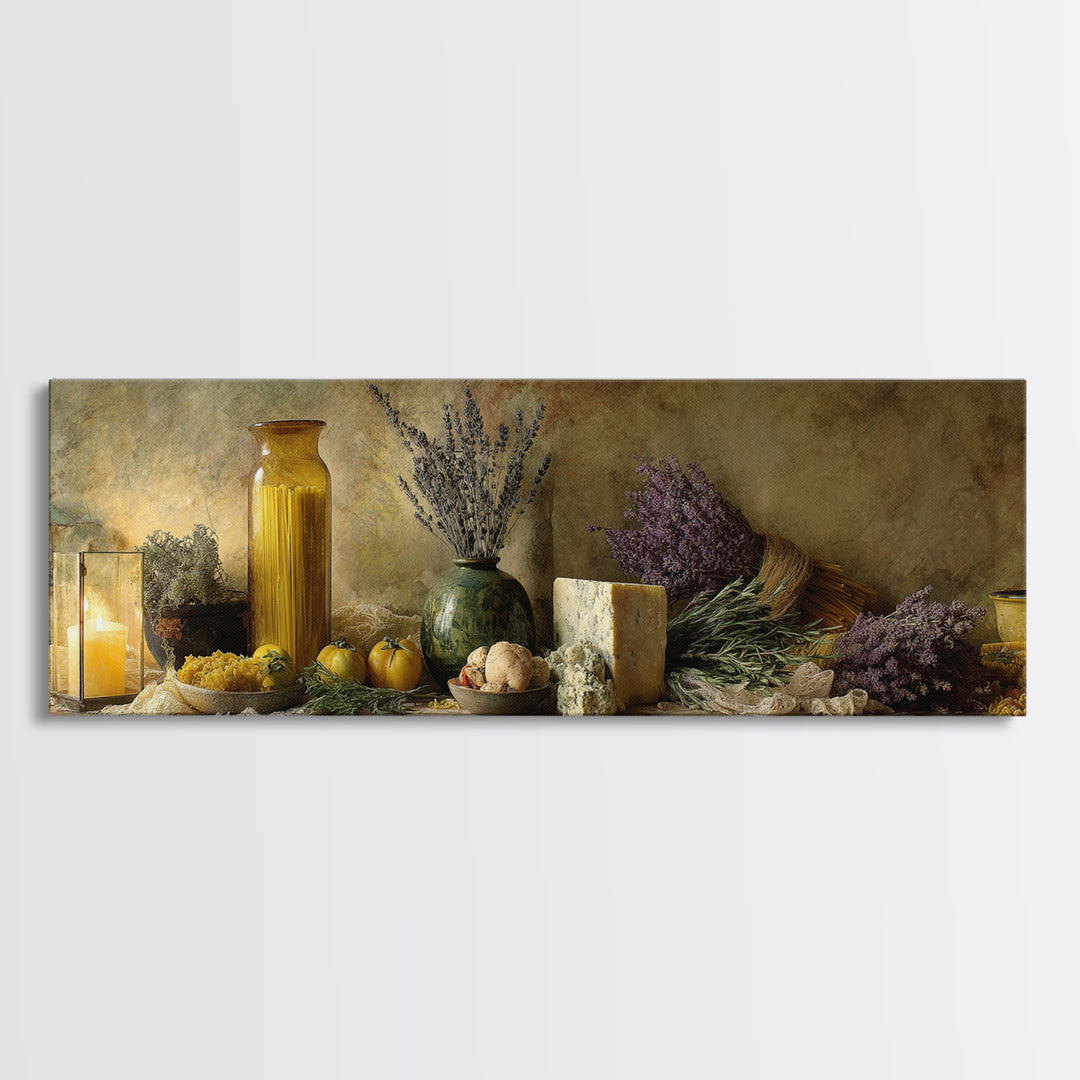 Pasta Herbs and Tomatoes Still Life Canvas Print, Italian Villa Art, Living Room Art, Living Room Decor, Watercolor Art, Villa, IVA-3x1-11