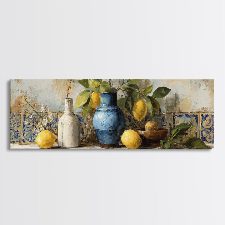 Lemon Branch in Blue Ceramic Vase Framed Canvas Print, Italian Villa Art, Living Room Decor, Watercolor Art, Villa, IVA-3x1-18