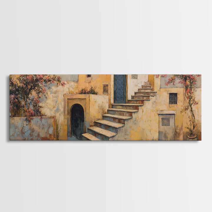 Sunlit Stone Stairway Canvas Print, Italian Villa Art, Rustic Home Decor, Living Room Decor, Fine Art, Villa, Boho Decor, IVA-3x1-3