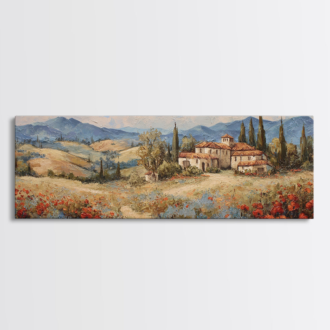 Tuscan Poppy Field Canvas Print, Italian Villa Art, Gallery Decor, Living Room Decor, Abstract Art, Villa, Minimalist Decor, IVA-3x1-31