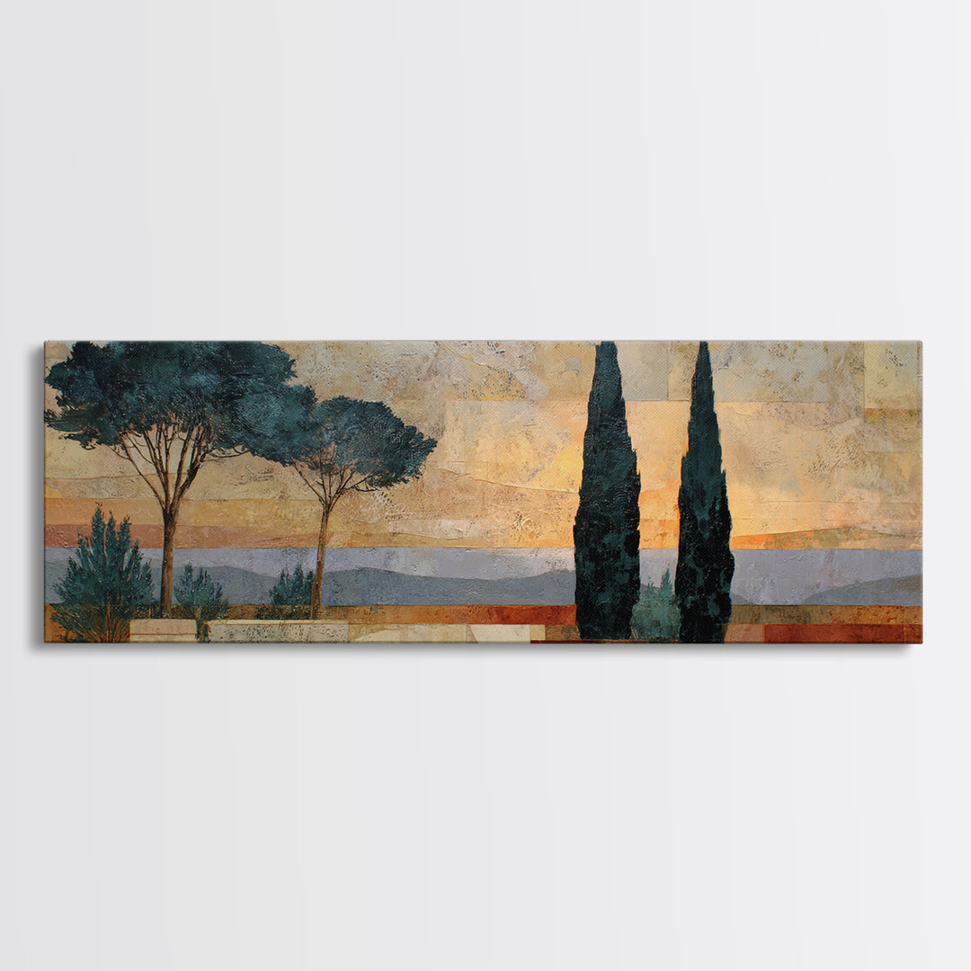 Cypress Silhouette at Sunset Framed Canvas Print, Italian Villa Art, Oil Painting, Living Room Decor, Watercolor Art, Villa, IVA-3x1-37
