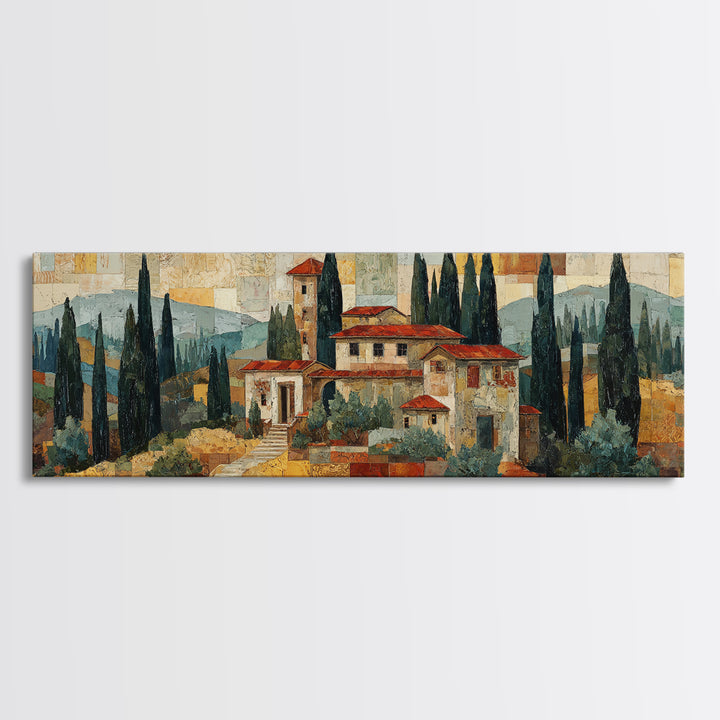 Tuscan Hillside with Cypress Trees and Golden Canvas Print, Italian Villa Art, Living Room Wall Art, Living Room Decor, Villa, IVA-3x1-41
