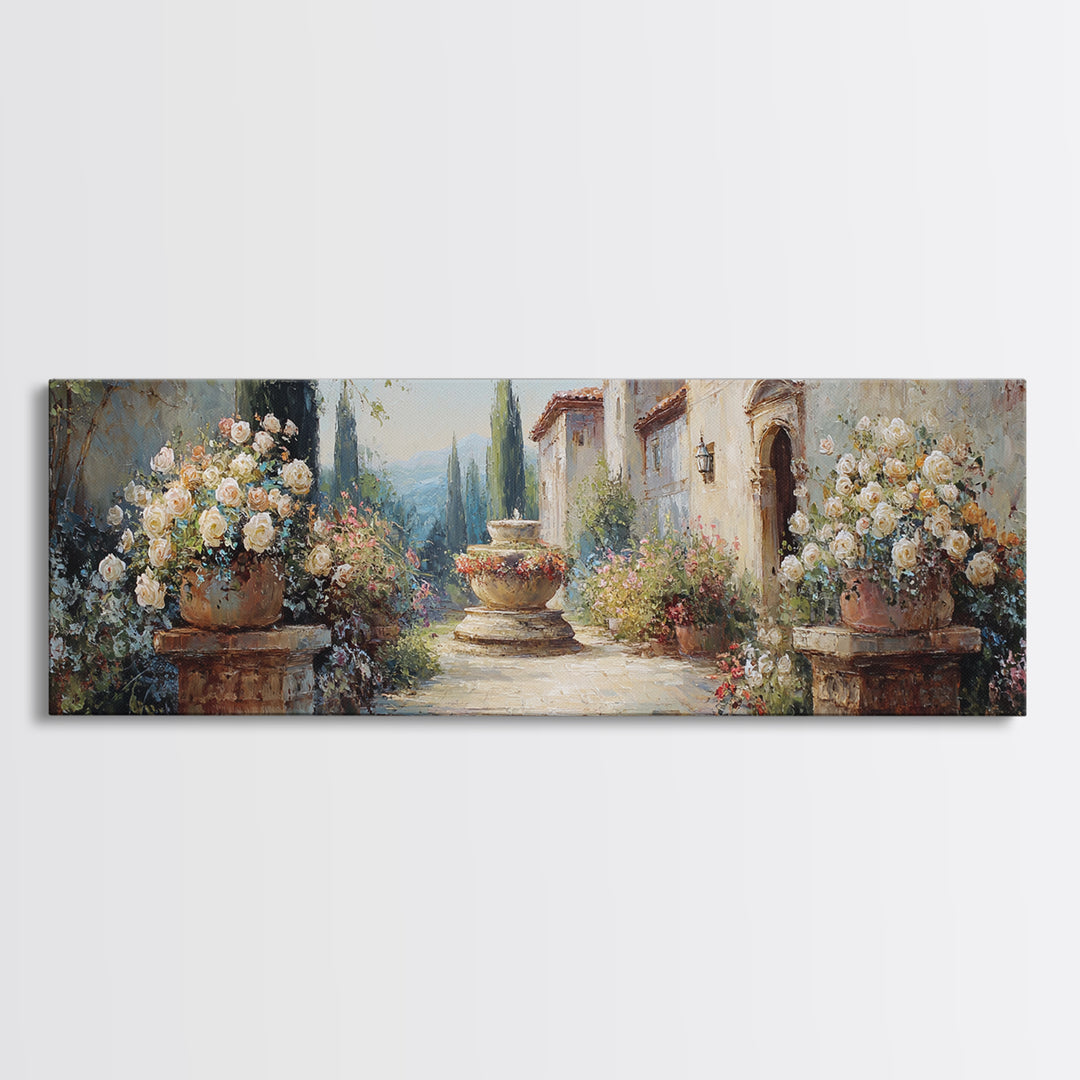 Italian Villa Garden Urn Canvas Print, Italian Villa Art, Framed Wall Art, Living Room Decor, Villa, Colorful Wall Art, IVA-3x1-46