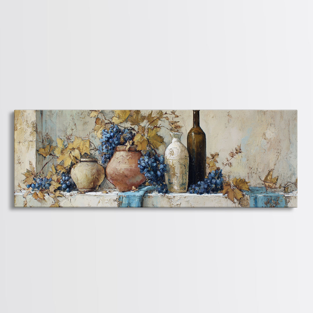 Grapevine and Wine Still Life on Linen Framed Canvas Print, Italian Villa Art, Room Decor, Living Room Decor, Fine Art, Villa, IVA-3x1-47