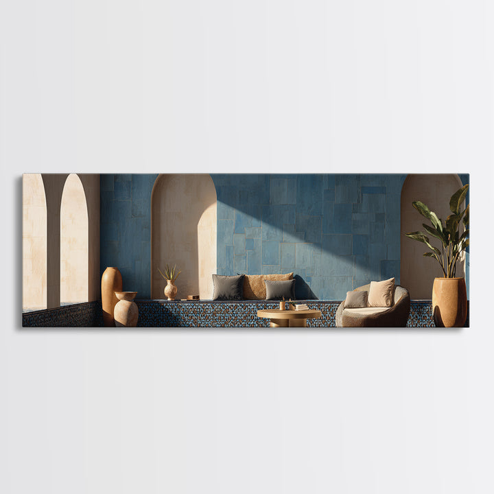 Mediterranean Arch Framing Blue Sea Canvas Print, Italian Villa Art, Statement Artwork, Living Room Decor, Fine Art, Villa, IVA-3x1-48