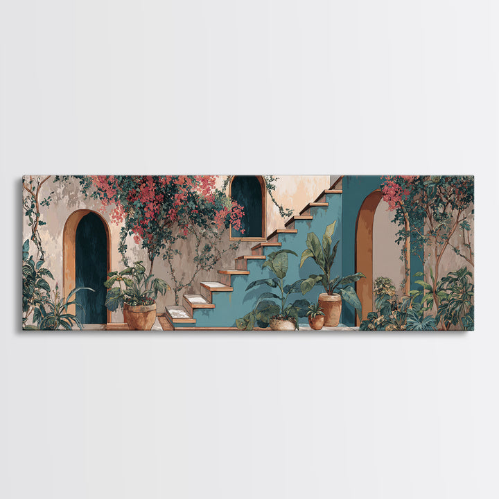 Sunlit Stone Stairway Framed Canvas Print, Italian Villa Art, Textured Painting, Living Room Decor, Villa, Bedroom Wall Art, IVA-3x1-51