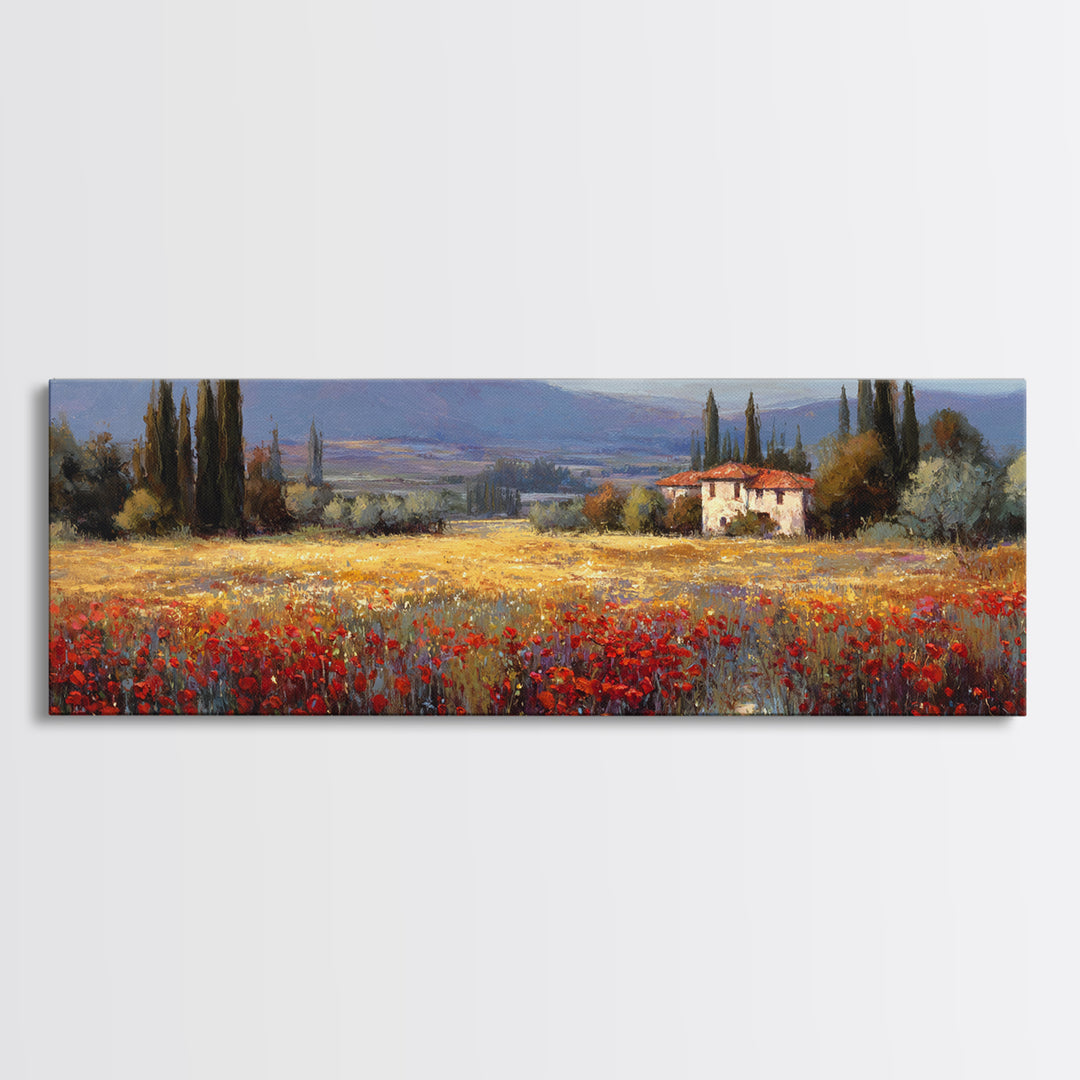 Tuscan Poppy Field Framed Canvas Print, Italian Villa Art, Boho Decor, Living Room Decor, Fine Art, Villa, Digital Wall Art, IVA-3x1-55