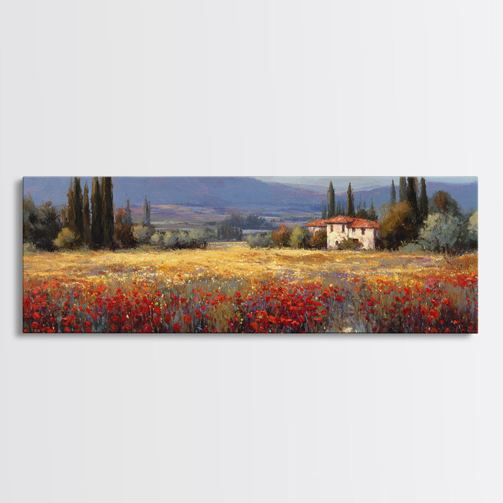 Tuscan Poppy Field Framed Canvas Print, Italian Villa Art, Boho Decor, Living Room Decor, Fine Art, Villa, Digital Wall Art, IVA-3x1-55