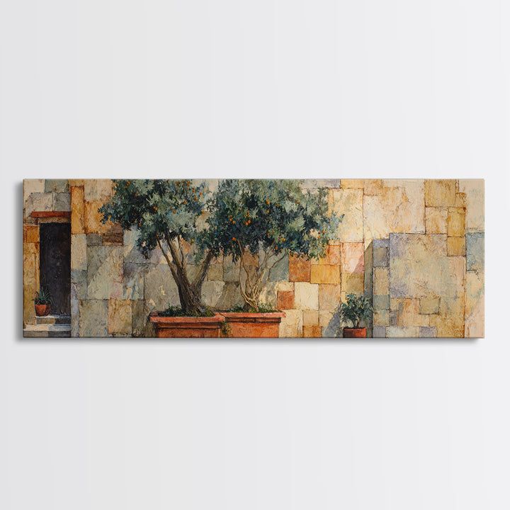 Orange Tree in a Courtyard Planter Canvas Print, Italian Villa Art, Coastal Decor, Living Room Decor, Fine Art, Villa, IVA-3x1-6