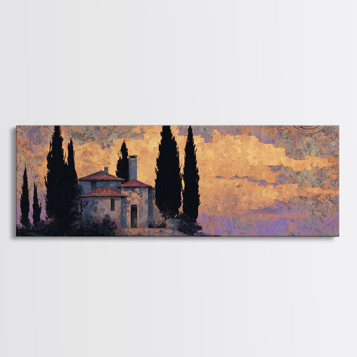 Cypress Silhouette at Sunset Canvas Print, Italian Villa Art, Living Room Decor, Oil Painting, Villa, Living Room Art, IVA-3x1-61