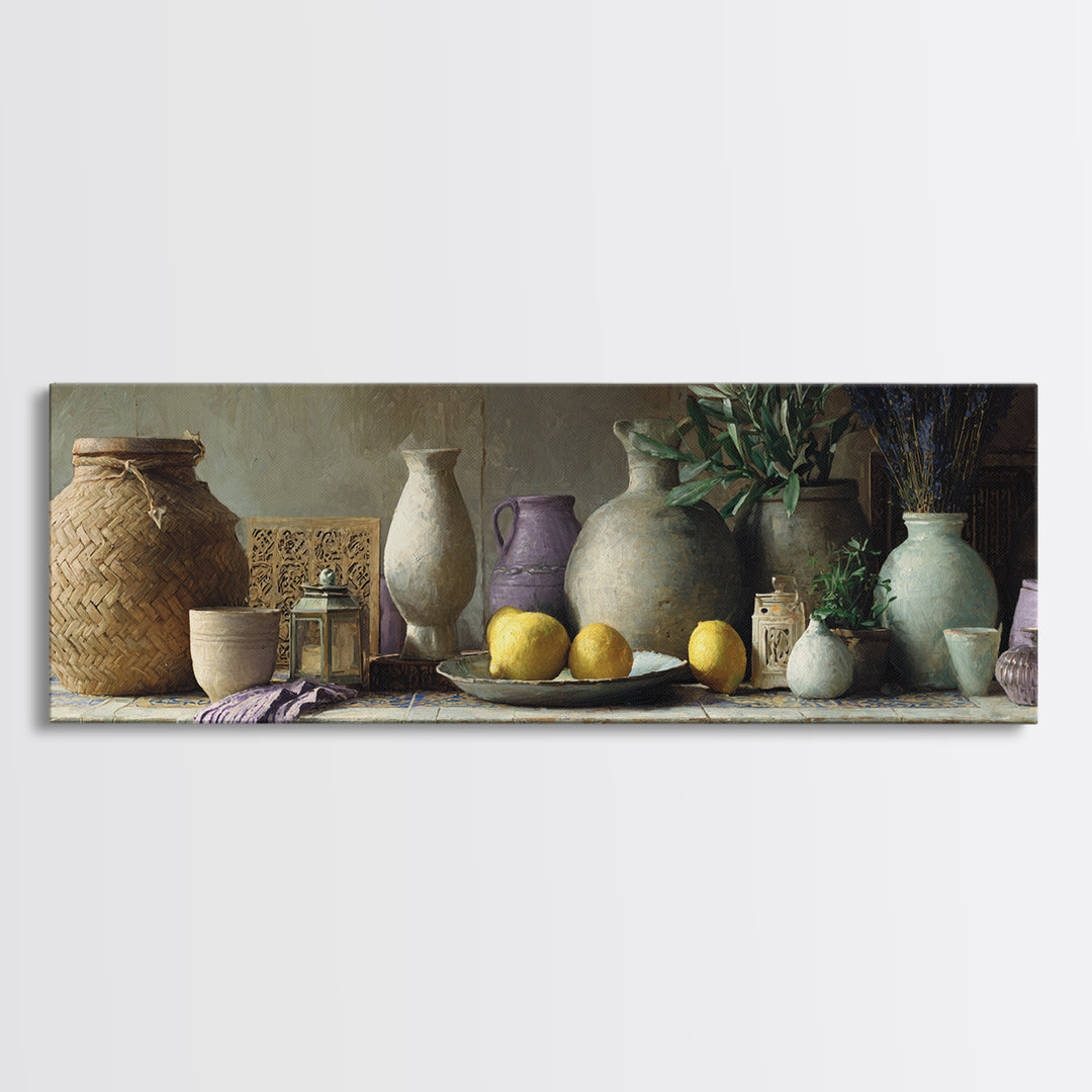 Coastal Lemons and Striped Cloth Arrangement Canvas Print, Italian Villa Art, Modern Decor, Living Room Decor, Villa, IVA-3x1-64