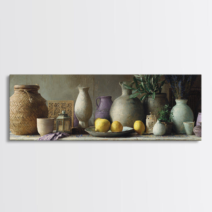 Coastal Lemons and Striped Cloth Arrangement Canvas Print, Italian Villa Art, Modern Decor, Living Room Decor, Villa, IVA-3x1-64