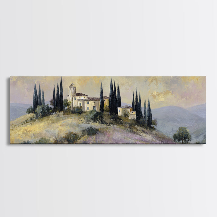 Tuscan Hillside with Cypress Trees and Golden Canvas Print, Italian Villa Art, Living Room Wall Art, Living Room Decor, Villa, IVA-3x1-65