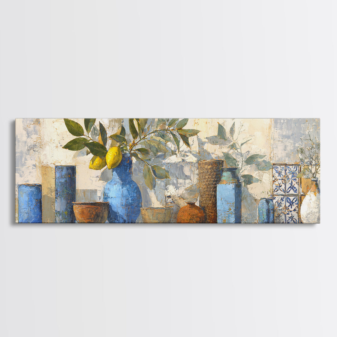 Lemon Branch in Blue Ceramic Vase Canvas Print, Italian Villa Art, Large Wall Art, Living Room Decor, Watercolor Art, Villa, IVA-3x1-66