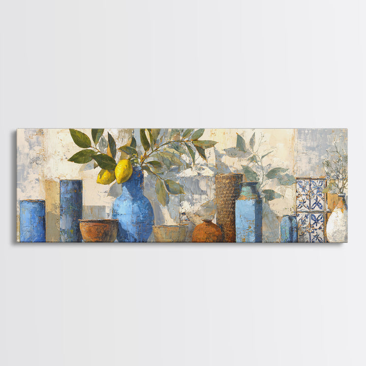 Lemon Branch in Blue Ceramic Vase Canvas Print, Italian Villa Art, Large Wall Art, Living Room Decor, Watercolor Art, Villa, IVA-3x1-66