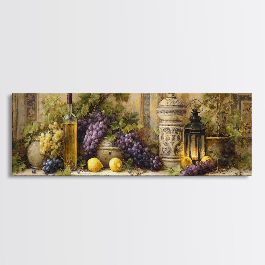 Grapevine and Wine Still Life on Linen Canvas Print, Italian Villa Art, Wall Art Prints, Living Room Decor, Fine Art, Villa, IVA-3x1-71