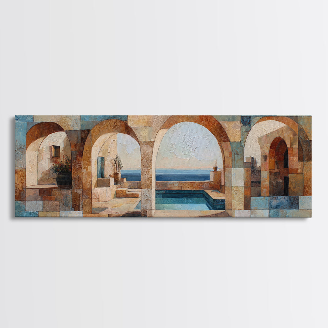 Mediterranean Arch Framing Blue Sea Framed Canvas Print, Italian Villa Art, Textured Painting, Living Room Decor, Villa, IVA-3x1-72