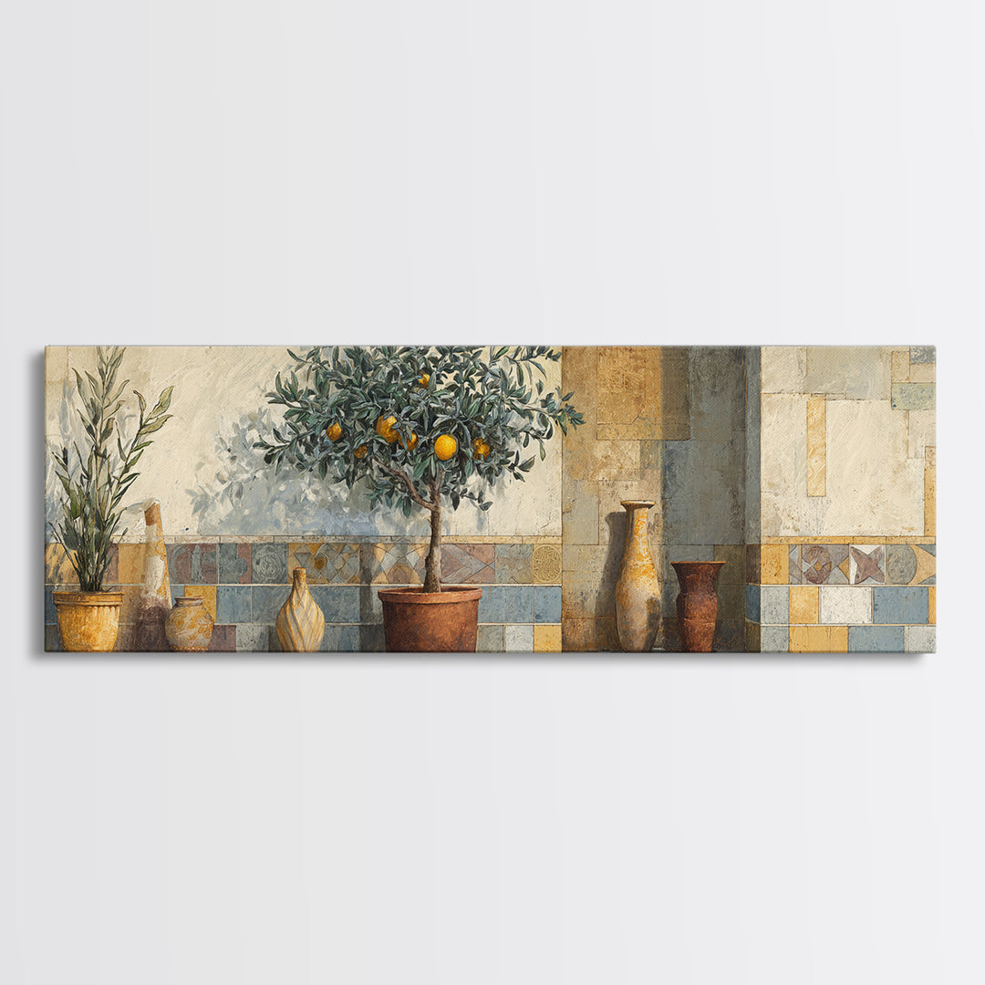 Orange Tree in a Courtyard Planter Canvas Print, Italian Villa Art, Statement Artwork, Living Room Decor, Fine Art, Villa, IVA-3x1-78