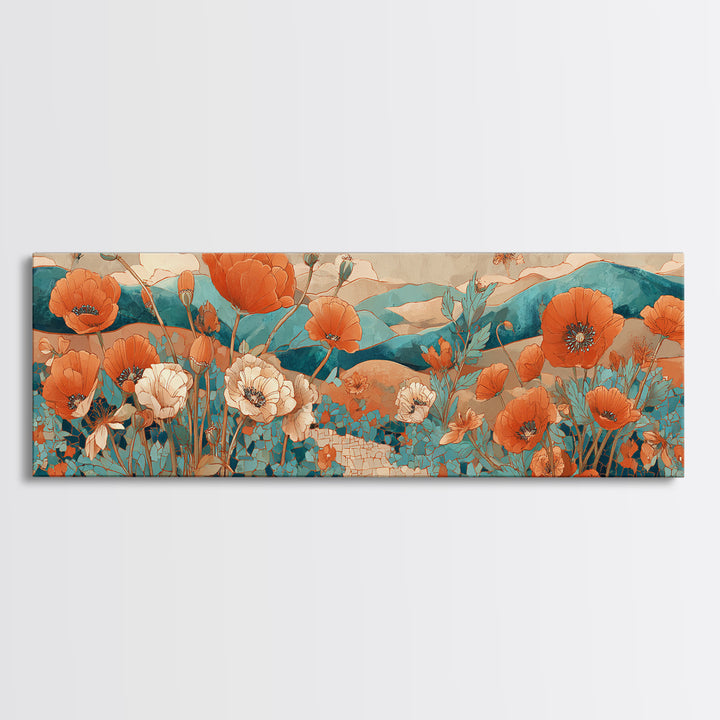 Tuscan Poppy Field Framed Canvas Print, Italian Villa Art, Oil Painting, Living Room Decor, Villa, Farmhouse Wall Art, IVA-3x1-79