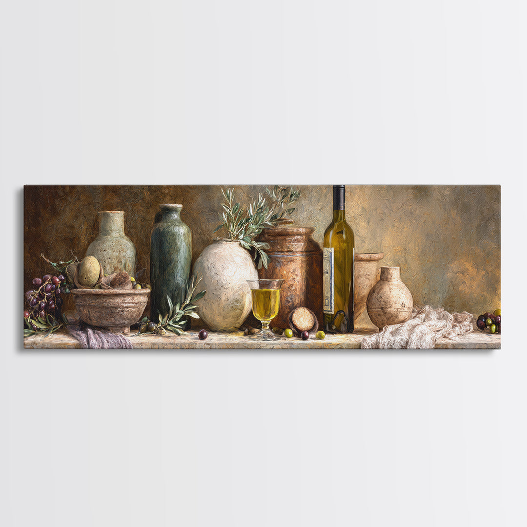 White Wine and Olives Still Life Canvas Print, Italian Villa Art, Living Room Art, Living Room Decor, Fine Art, Villa, IVA-3x1-8