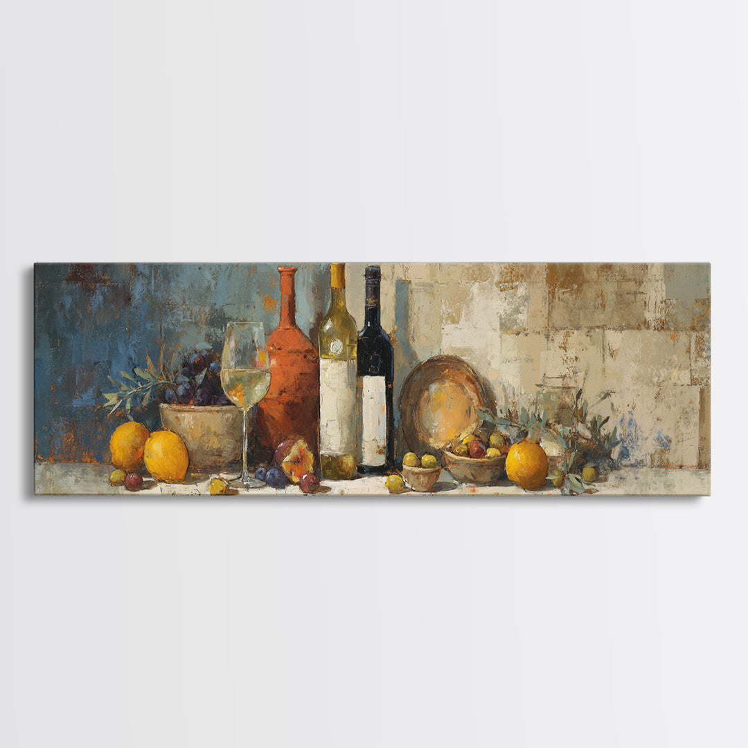 White Wine and Olives Still Life Canvas Print, Italian Villa Art, Minimalist Decor, Living Room Decor, Fine Art, Villa, IVA-3x1-80