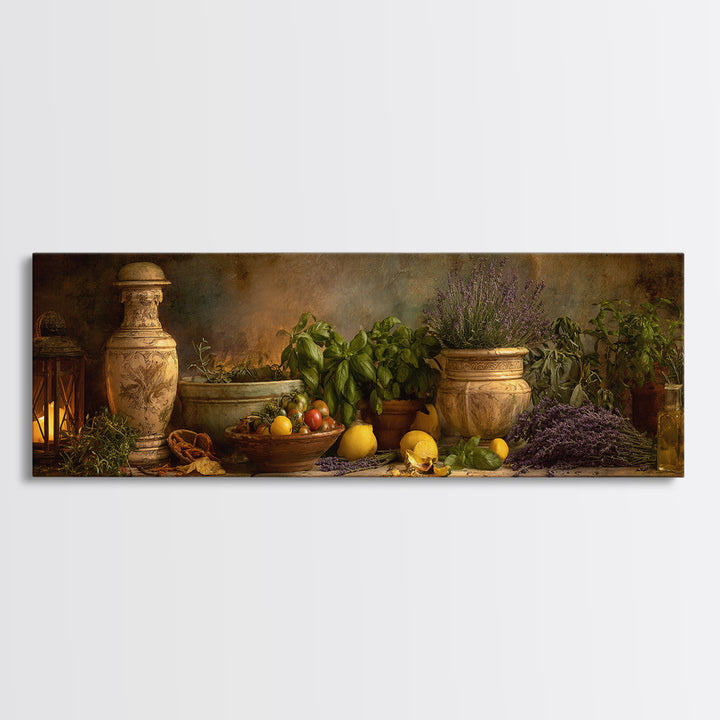 Pasta Herbs and Tomatoes Still Life Canvas Print, Italian Villa Art, Minimalist Decor, Living Room Decor, Fine Art, Villa, IVA-3x1-83