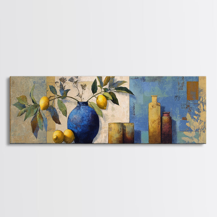 Lemon Branch in Blue Ceramic Vase Framed Canvas Print, Italian Villa Art, Bedroom Wall Art, Living Room Decor, Fine Art, Villa, IVA-3x1-90