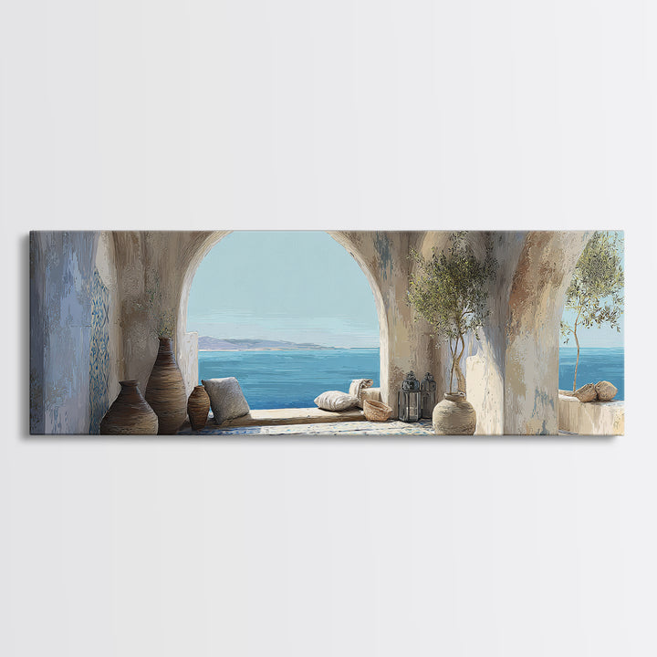 Mediterranean Arch Framing Blue Sea Canvas Print, Italian Villa Art, Gallery Wall, Living Room Decor, Fine Art, Villa, IVA-3x1-96