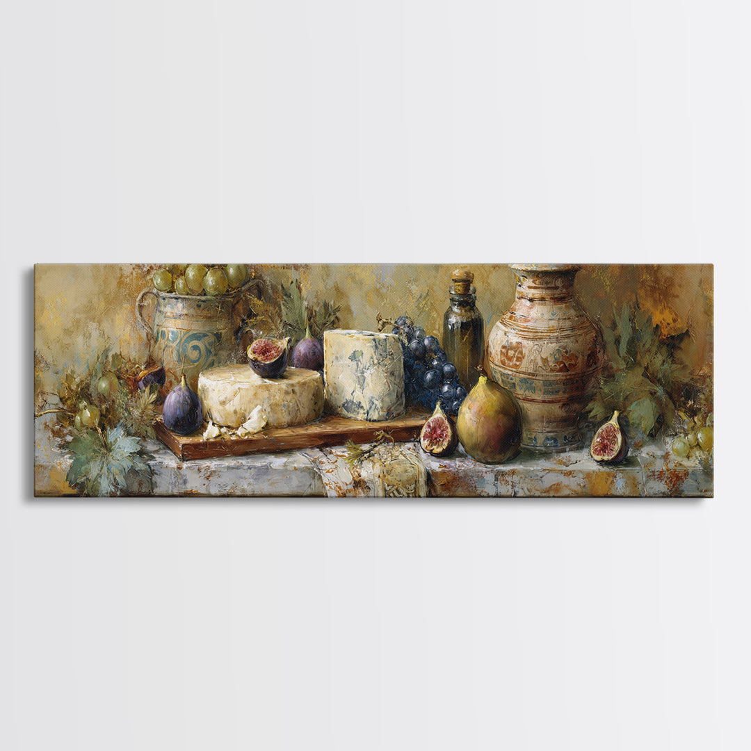 Figs and Cheese on Rustic Wooden Board Canvas Print, Italian Villa Art, Landscape Art, Living Room Decor, Watercolor Art, Villa, IVA-3x1-97