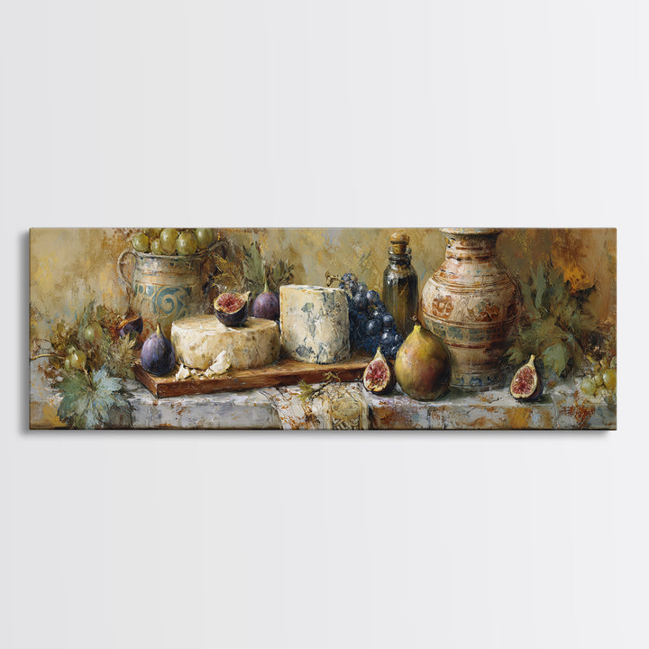 Figs and Cheese on Rustic Wooden Board Canvas Print, Italian Villa Art, Landscape Art, Living Room Decor, Watercolor Art, Villa, IVA-3x1-97