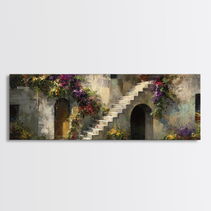 Sunlit Stone Stairway Framed Canvas Print, Italian Villa Art, Gallery Wall Set, Living Room Decor, Villa, Modern Decor, IVA-3x1-99