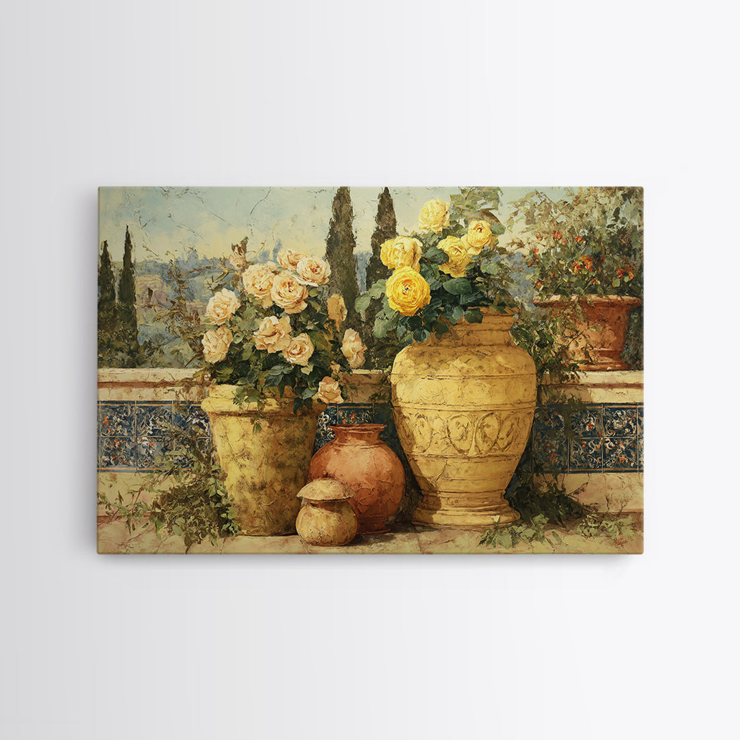 Italian Villa Garden Urn Framed Canvas Print, Italian Villa Art, Printable Wall Art, Living Room Decor, Oil Painting, Villa, IVA-3x2-10