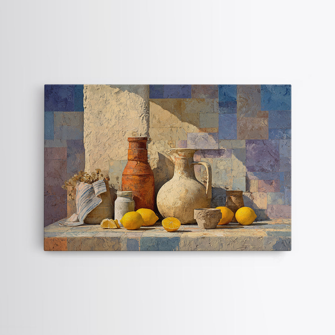 Coastal Lemons and Striped Cloth Arrangement Canvas Print, Italian Villa Art, Landscape Painting, Living Room Decor, Villa, IVA-3x2-100