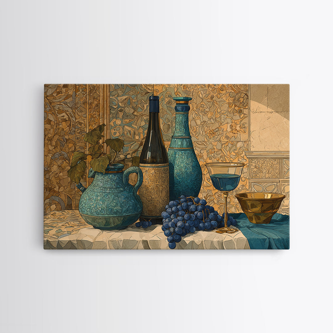 Grapevine and Wine Still Life on Linen Canvas Print, Italian Villa Art, Minimalist Decor, Living Room Decor, Abstract Art, IVA-3x2-11