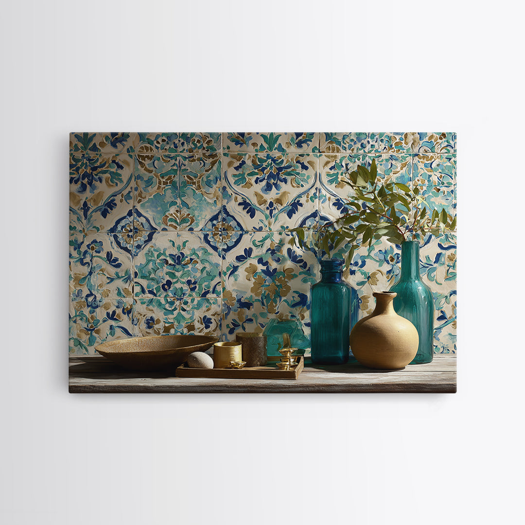 Florentine Floral Ornament Pattern Framed Canvas Print, Italian Villa Art, Room Decor, Living Room Decor, Oil Painting, Villa, IVA-3x2-14