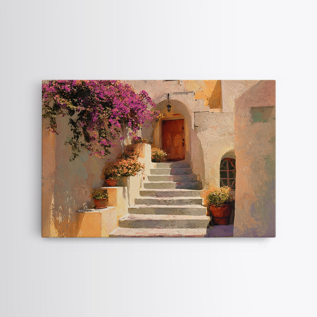 Sunlit Stone Stairway Framed Canvas Print, Italian Villa Art, Neutral Decor, Living Room Decor, Fine Art, Villa, IVA-3x2-15
